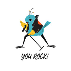 Funny bird singing in microphone and typography You rock. sticker, poster design. vector illustration - 449940910