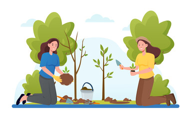 Reforestation, save earth ecology. Humans planting trees, sustainable energy poster, forest cover recovery. Flat cartoon illustration vector concept web banner design isolated on white background