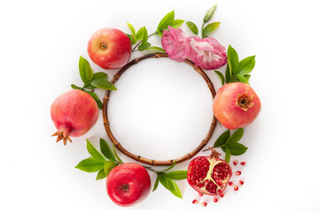 Jewish holiday-Rosh Hashanah banner design with pomegranates. honey and red apples. View from...