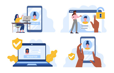 Set of people fill in form of registration page, name and password field, menu bar, corporate website, create account, user information. Flat cartoon vector concept design isolated on white background