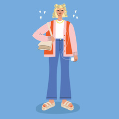 Cool stylish young Girl listening music. Isolated on blue background. Hand drawn colored trendy Vector illustration. Fashion. Music concept