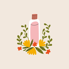 Flower composition with beauty product. Tonic bottle in flowers. Cute vector illustration. Korean cosmetics. Beauty procedure, spa and self care concept.