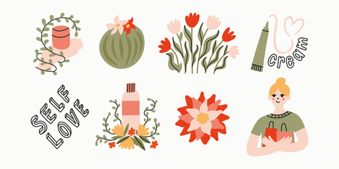 Nice set of vector illustrations with cosmetics,  shopping bag, flowers, plants and girls. Natural organic products. Self love and skin care routine concept. Icons, stickers, highlights.