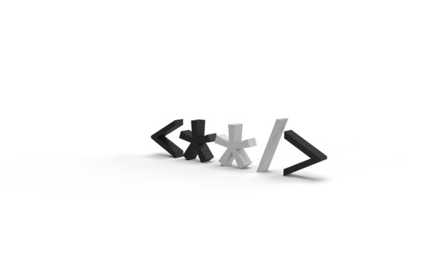 Code symbols on a white background. Composition on the topic of programming, development, technologies. Modern style, 3d rendering.
