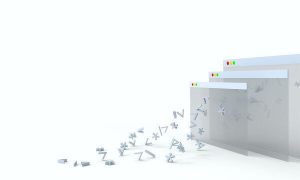 Code characters fly out of the browser windows. Composition on the topic of programming, development, technologies. Modern style, 3d rendering.