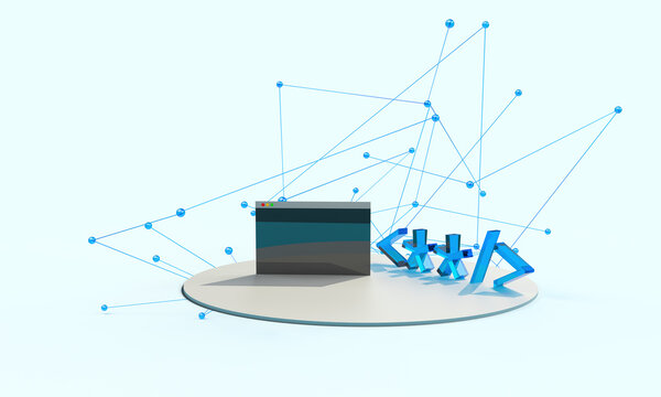 A black browser window and code symbols on the podium in a neural network. The platform for the icon. Composition on the topic of programming, development, technologies. Modern style, 3d rendering.