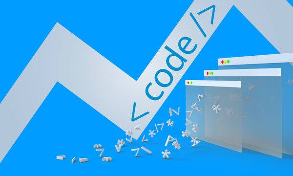 Code characters fly out of the browser windows. Composition on the topic of programming, development, technologies. Modern style, 3d rendering.