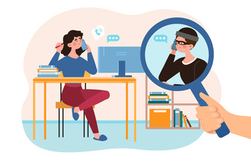 Online social media fraud, phone crime call, data security technology. Live bait fishing investigation. Flat abstract metaphor cartoon vector illustration concept design isolated on white background.