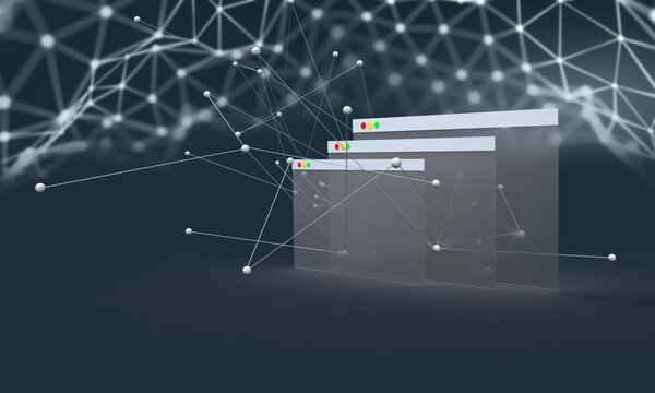 Browser windows in a neural network. Composition on the topic of technologies, communications, the Internet, the network. Modern style, 3d rendering. Gray background.