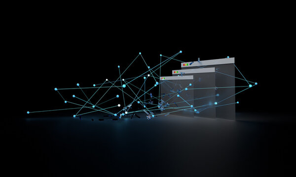 Browser windows in a glowing neural network. Composition on the topic of technologies, communications, the Internet, the network. Modern style, 3d rendering. Black background.