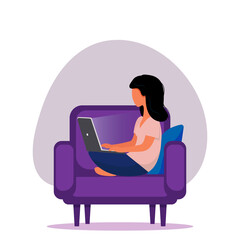 Girl with a laptop in a chair. Home office concept, woman working from home, student or freelancer. Vector illustration in flat style 
