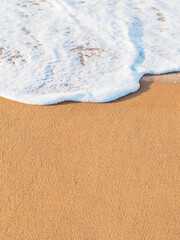 vertical shot: sea foam wave on a sandy beach, copy space