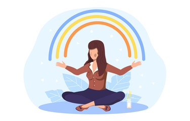 Female character sit in lotus pose and open arms to rainbow, body positive and health care lifestyle. Flat abstract metaphor cartoon vector illustration concept design isolated on white background.