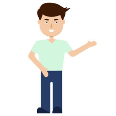 The young man points the way. Where to go. Vector illustration. On white background .guy