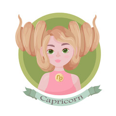 Capricorn Zodiac sign as a beautiful girl with lush hair. Set of bright signs of the zodiac. Horoscope. Astronomy. Vector illustration isolated on white background.