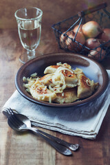 Dumplings with potato and cottage cheese stuffing (pierogi). Traditional Polish Christmas Dinner....