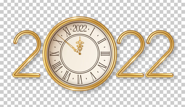Happy New Year logo 2022 shining with gold vintage clock on transparent background. Vector illustration. Party countdown watch face. Christmas typography template for poster, flyer, brochure voucher