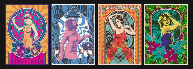 Schilderijen op glas 1960s - 1970s Psychedelic Posters Style Illustrations, Retro Women, Art Nouveau Frames, Psychedelic Colors and Backgrounds  © koyash07
