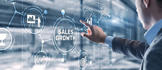 Sales Growth Man clicks inscription on virtual 3D screen