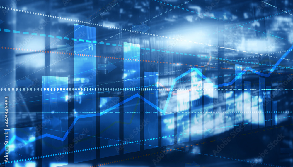 Sticker finance chart graph. trading forex exchange investment fintech concept on modern city background
