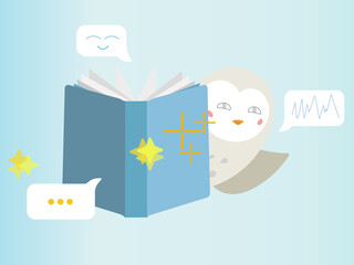 The owl looks out of the book and waves his hand, smiles. Icons of messages, stars, emoticons. Composition on the topic of education, entertainment. Vector illustration.