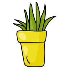 Potted plant in bright yellow pot, herbaceous home flower with bright leaves in doodle style