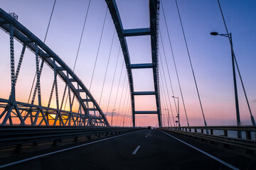 Crimea bridge over Kerch Strait at the evening sunset