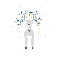 Cute deer with garland on horns. Christmas vector illustration for card.