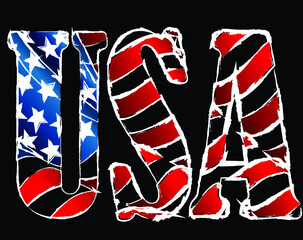  Word USA with american flag under it, distressed grunge look. Independence Day of the United States, July 4th. Home of the brave. Vintage typography illustration.Grunge Paint Roller