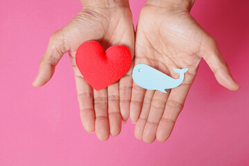 Fish-shaped paper, empty on hand, isolated from pink background.