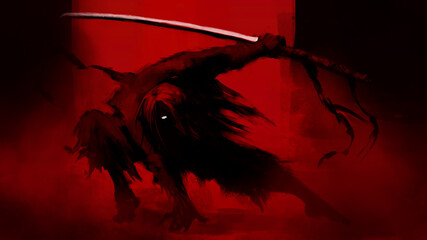 A man in torn clothes with a katana in his hand behind his back, red smoke around him © Kalleeck