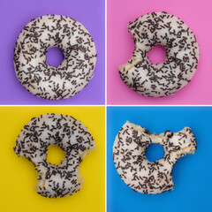 Colorful delicious donut in a row, bitten.