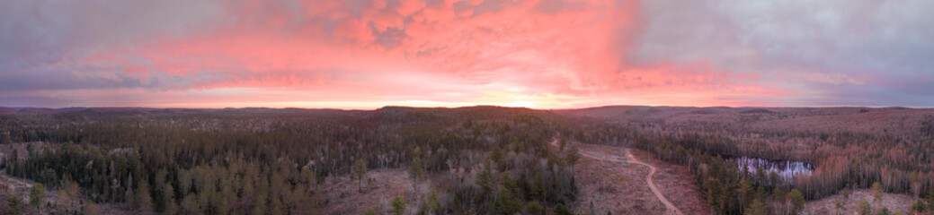 Aerial of sunrise over wilderness landscape
