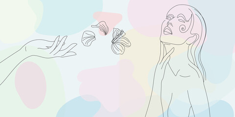 Abstract background of a vector illustration. The girl is delighted, touches her face. The hand releases the flower. Composition on the topic of women, cosmetics, beauty and fashion.