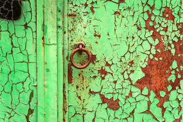 Old metal door with traces of rust and cracked green paint.