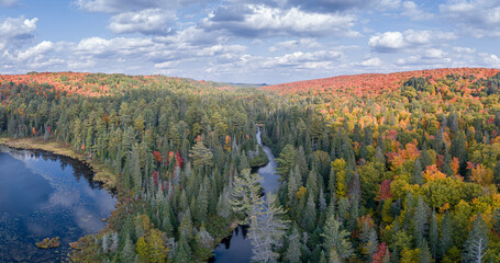 Aerial of Lake & River landscape in northern Ontario Canada during Autumn