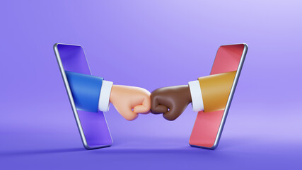 3d illustration. Cartoon characters fists, caucasian and african businessmen hands sticking out the...