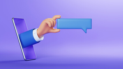 3d illustration. Cartoon character businessman hand with blank chat banner, sticking out the smart phone screen. Online social media clip art isolated on violet background. Message concept