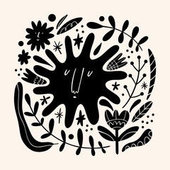 Sun flower art. Folk rural rustic fairytale style, hygge and lagom design. Nordic scandi decor elements.