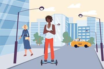 Vector flat cartoon man character rides segway on road.Young stylish black teenager riding gyroscooter,happy cute girl walks on sidewalk -web online banner design,city life scene,social story concept
