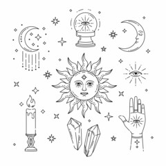 Celestial Magic outline illustration of icons and symbols of sun, moon, crystals, evil eye, witch hands. Set of Esoteric symbols, alchemy and witchcraft vector art.