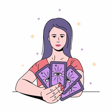 Beautiful woman prophetess, fortune-teller  holding tarot cards. Colour line vector illustration. Boho style for icon, logotype, avatar, tattoo, poster, print design 