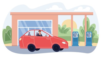 Vector flat cartoon character in city life scene-stylish young man sits in car at gas station and waits for refueling.Web online banner design,life scene,social story concept