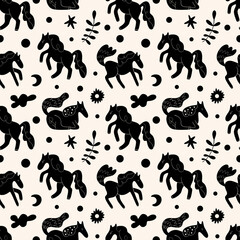 Scandinavian horses and flowers seamless pattern. Scandi folk animals ornament. Nursery rural print.