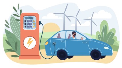 Vector flat cartoon character in city life scene-stylish man with beard and sunglasses sits in car at gas station and waits for it to refuel.Web online banner design,life scene,social story concept