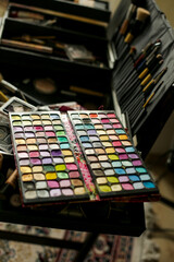 palette of eyeshadows for make-up. makeup artist tools. cosmetics