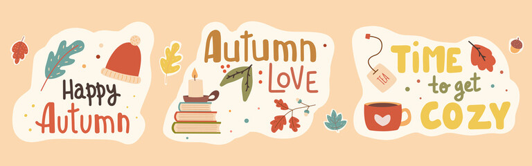 Fall season handwritten slogan stickers pack. Autumn phrases with cute and cozy design elements decorative bundle.