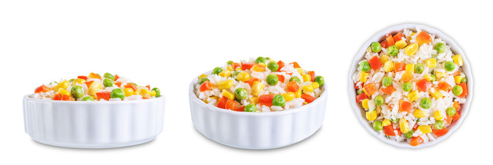 Corn green peas red pepper rice in a plate on a white isolated background