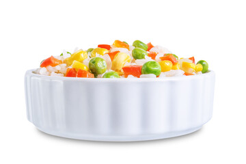 Corn green peas red pepper rice in a plate on a white isolated background