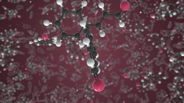 Cinnamaldehyde molecule made with balls, scientific molecular model. Chemical looping 3d animation